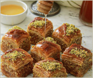 Turkish baklava”, an iconic dessert steeped in centuries of tradition, boasts intricate layers of phyllo pastry, nuts, and syrup—a culinary symphony cherished worldwide