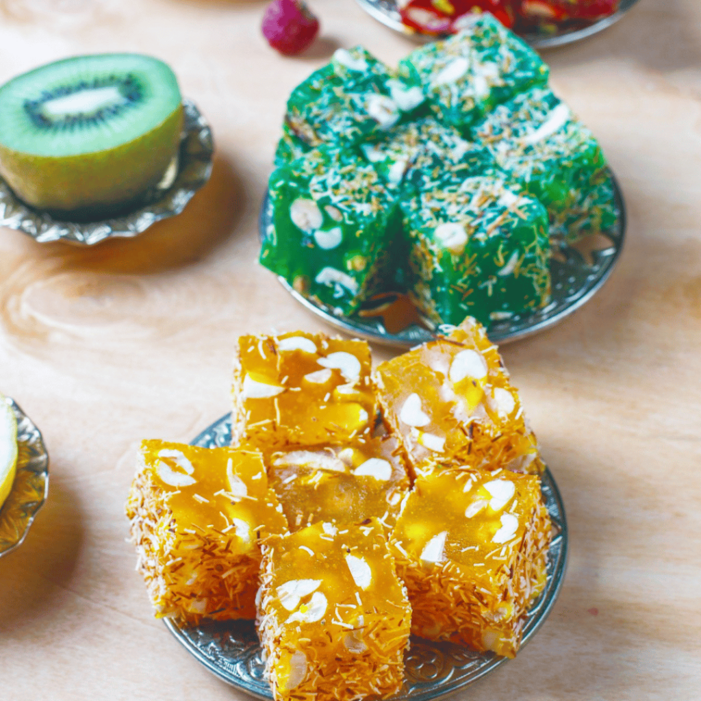 Lokum: (Turkish delight): Bite-sized cubes of gelatinous candy dusted with powdered sugar, available in countless flavors like rose, pomegranate, and pistachio